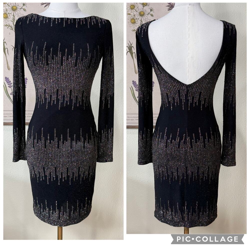 Vtg 90s Y2k Metallic Glitter Low Back Mini Dress Sexy Party Trashy Glam XS 1 2